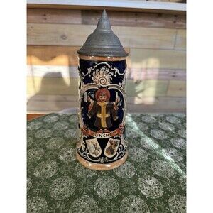 BEER STEIN from Munich Germany 9 1/2" tall 1960's Pewter Lid